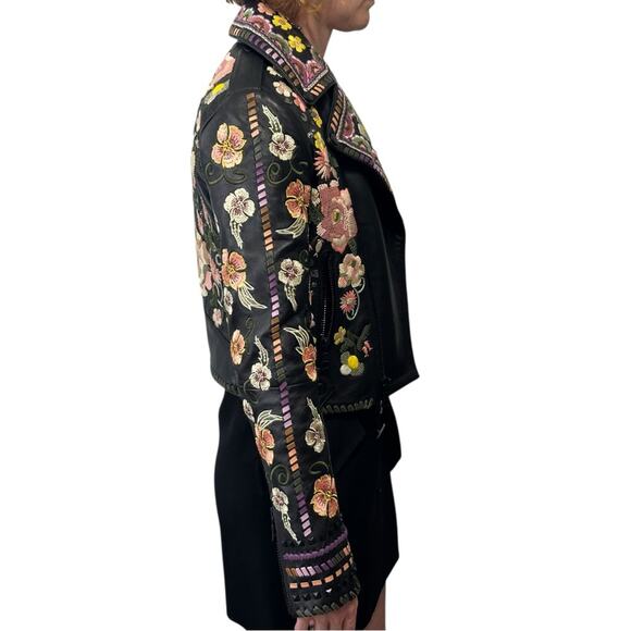 Alice + Olivia Cody Embroidered Leather Jacket size US XS Black Floral Moto - Picture 5 of 16